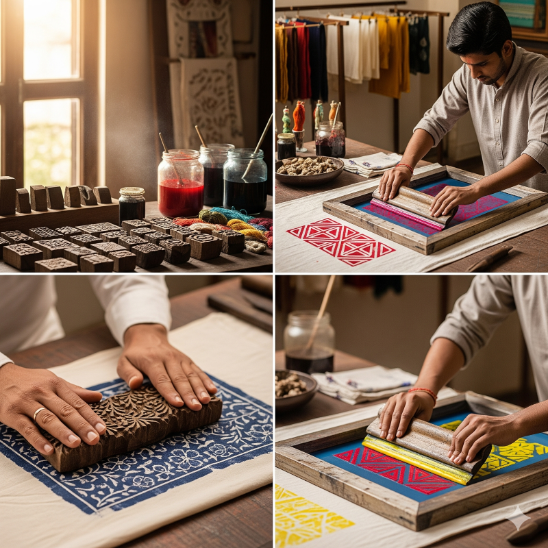 Dive into the centuries-old tradition of Indian hand block printing, screen printing, and artisanal techniques.